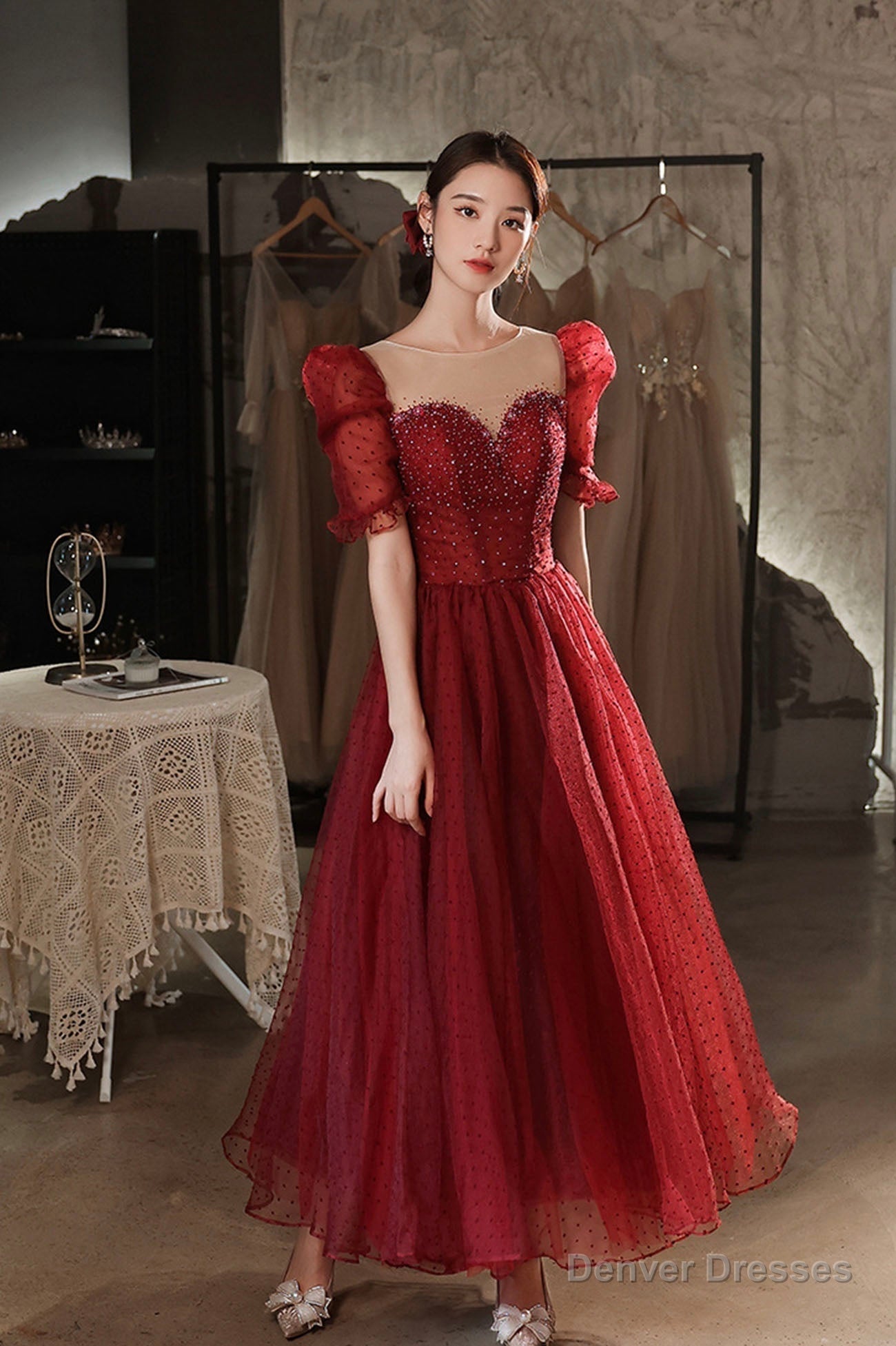 Burgundy tulle beads short prom dress homecoming dress Secondary image