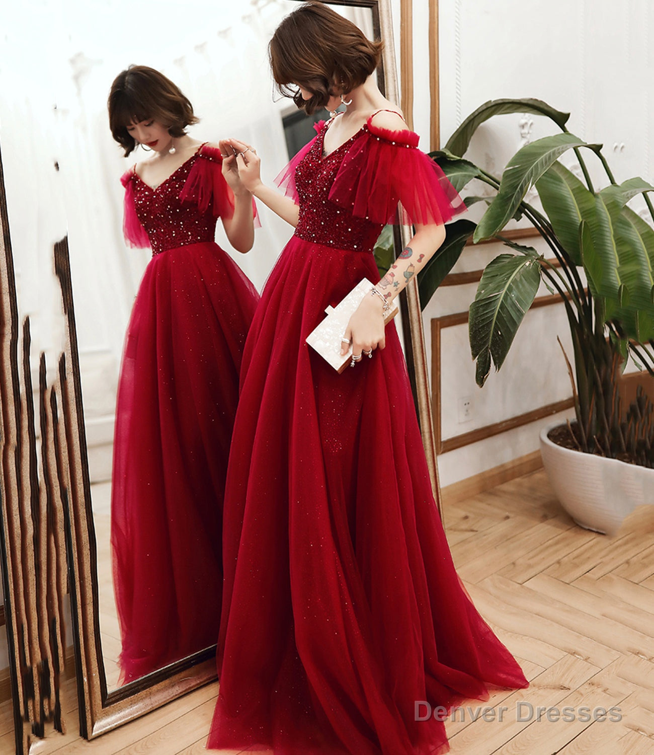 Burgundy tulle beads long A line prom dress evening dress Main image