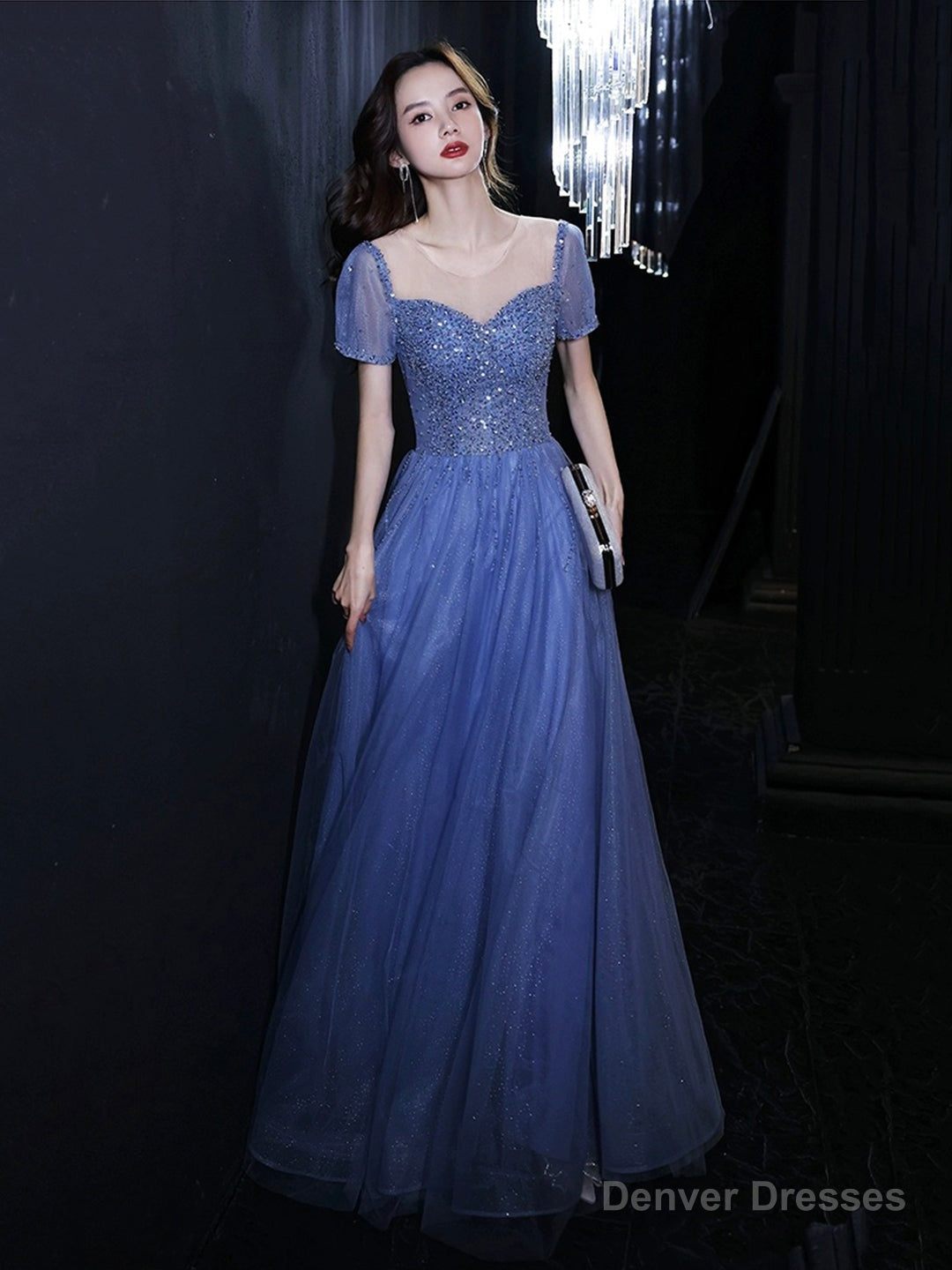 Blue Tulle Beads Long Prom Dress, Beautiful Short Sleeve Evening Party Dress Main image