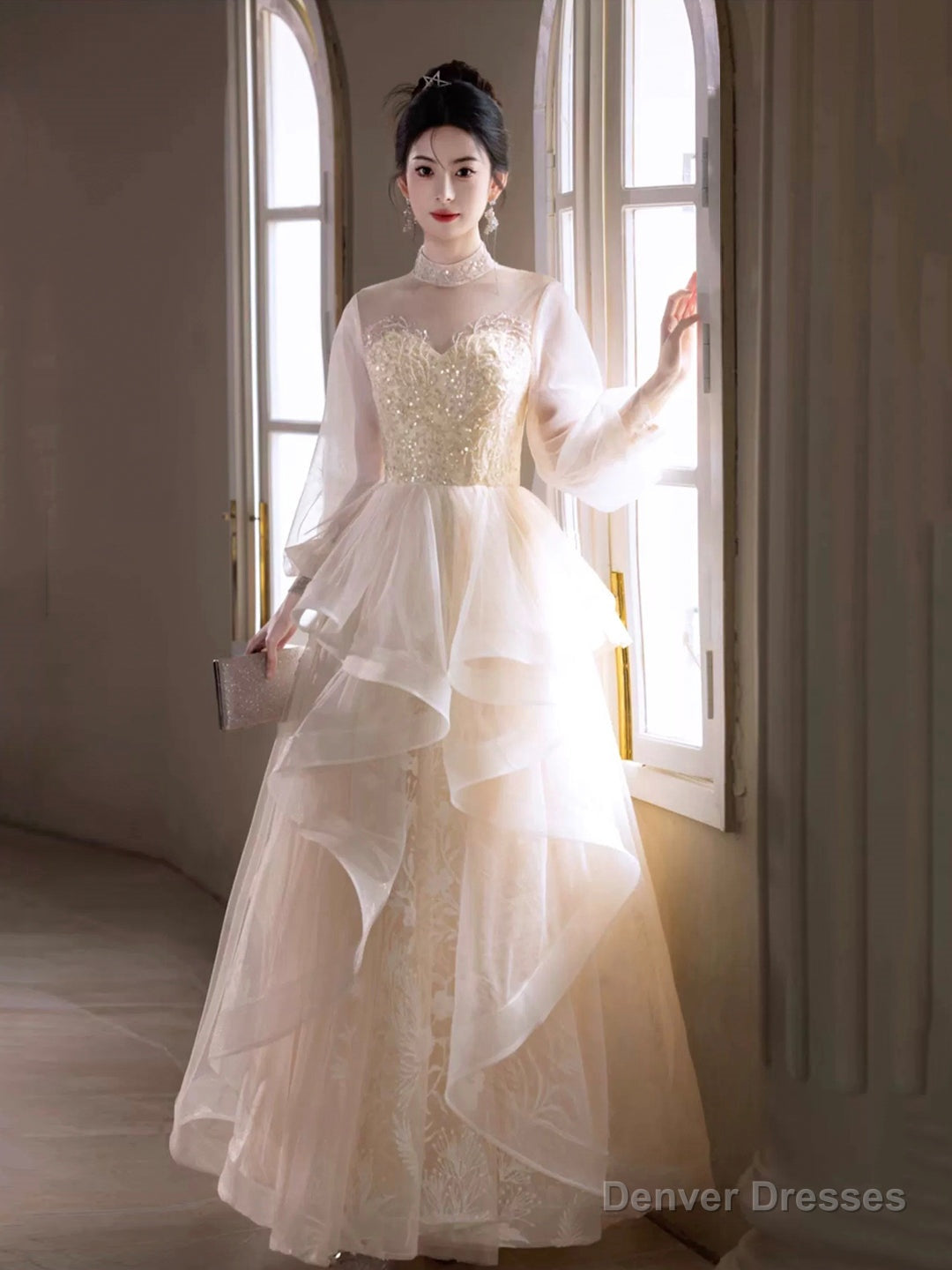 Champagne Tulle Long Sleeve Evening Party Dress Secondary image