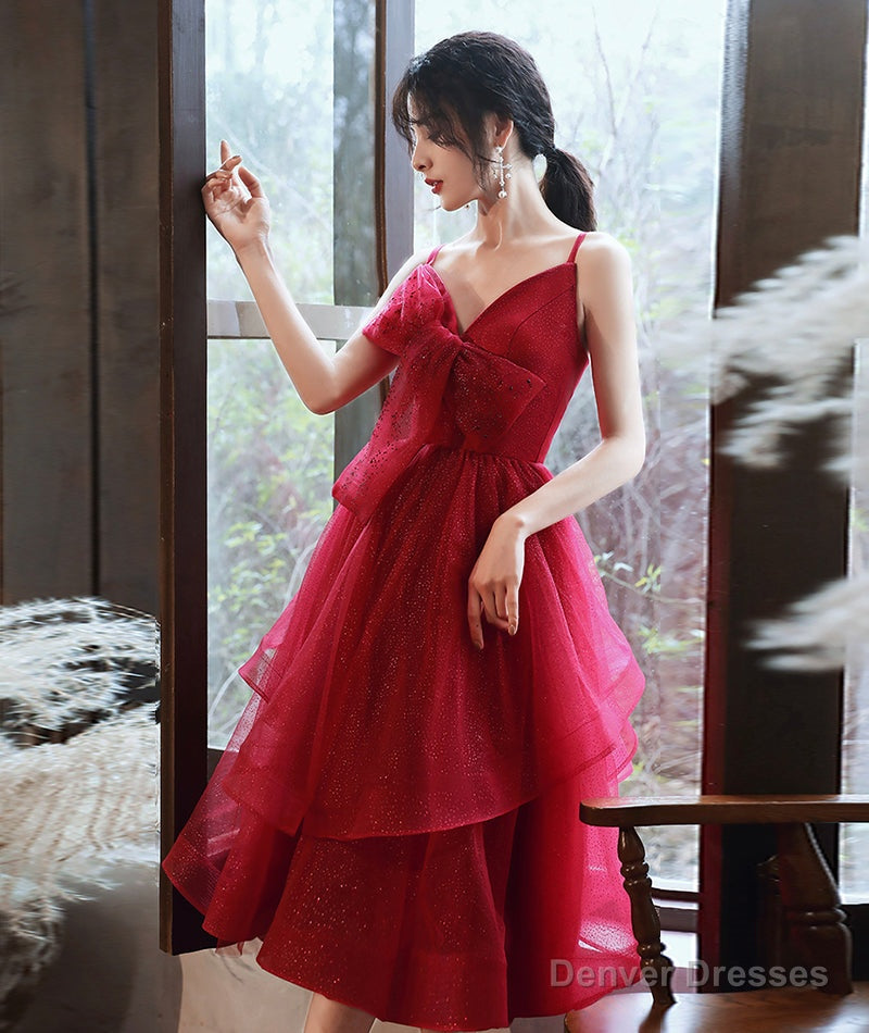 Burgundy v neck tulle sequins prom dress homecoming dress Secondary image