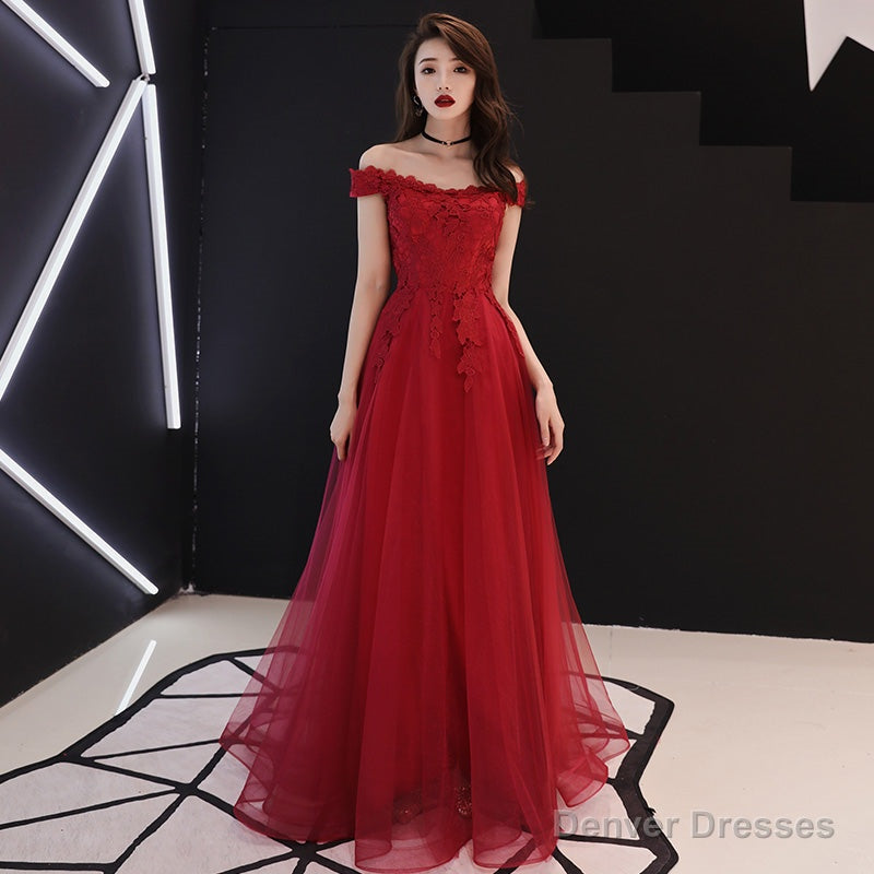 Burgundy lace tulle long prom dress, evening dress Main image
