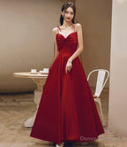 Burgundy satin long prom dress A-line evening dress