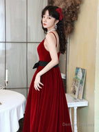 Burgundy Spaghetti Strap Velvet Long A-Line Prom Dress