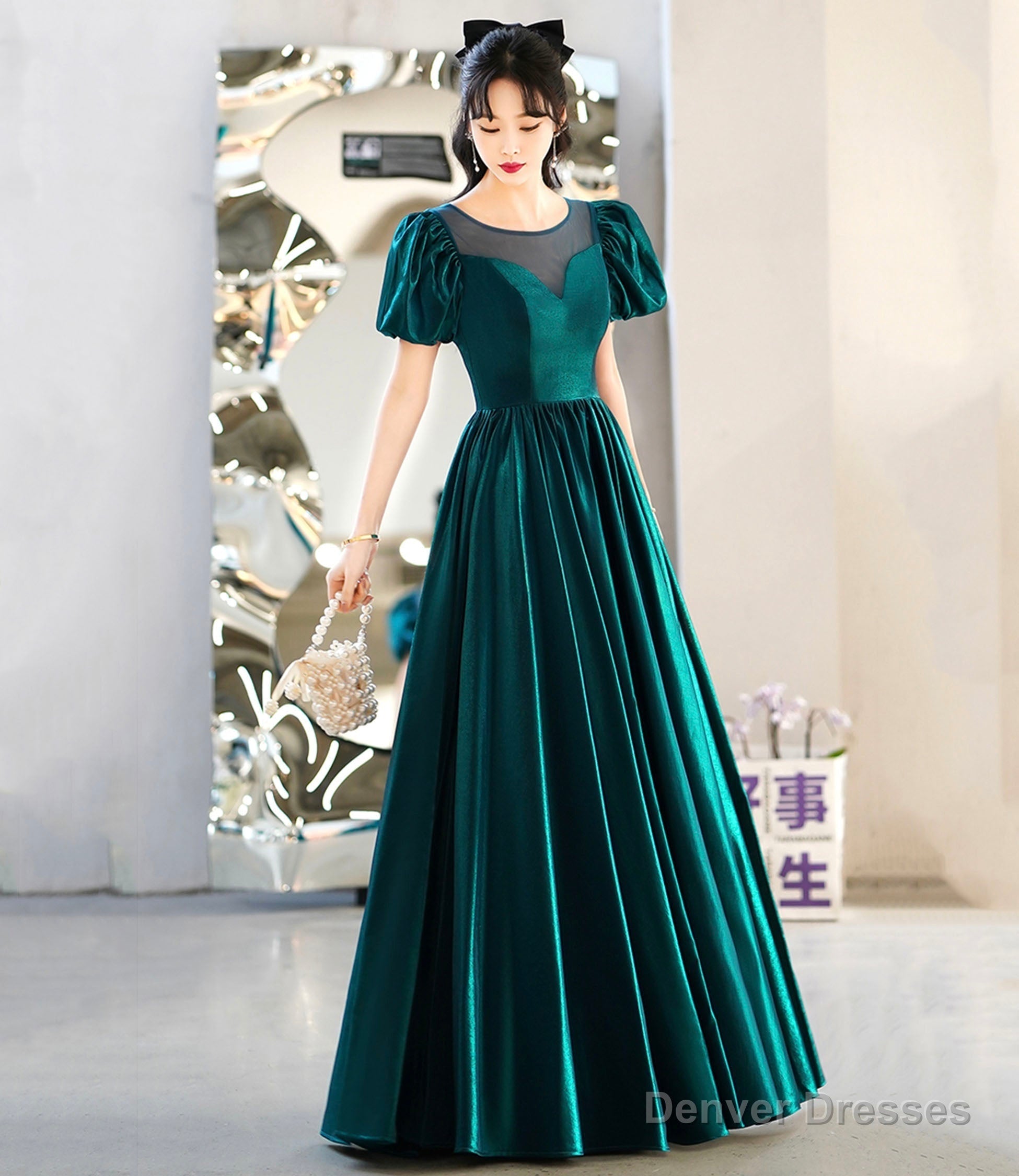Green satin long prom dress A-line evening dress Main image