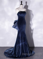 Prom Dress,spaghetti Strap Prom Dress, Blue Evening Dress Velvet Party Dress