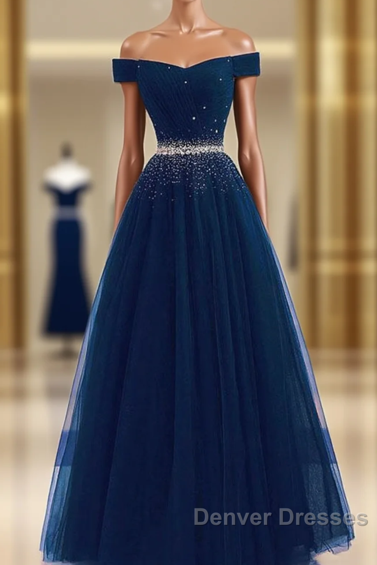 Blue Prom Dress,tulle Prom Gown,off Shoulder Prom Dress,long Prom Dress,a Line Evening Dress Main image
