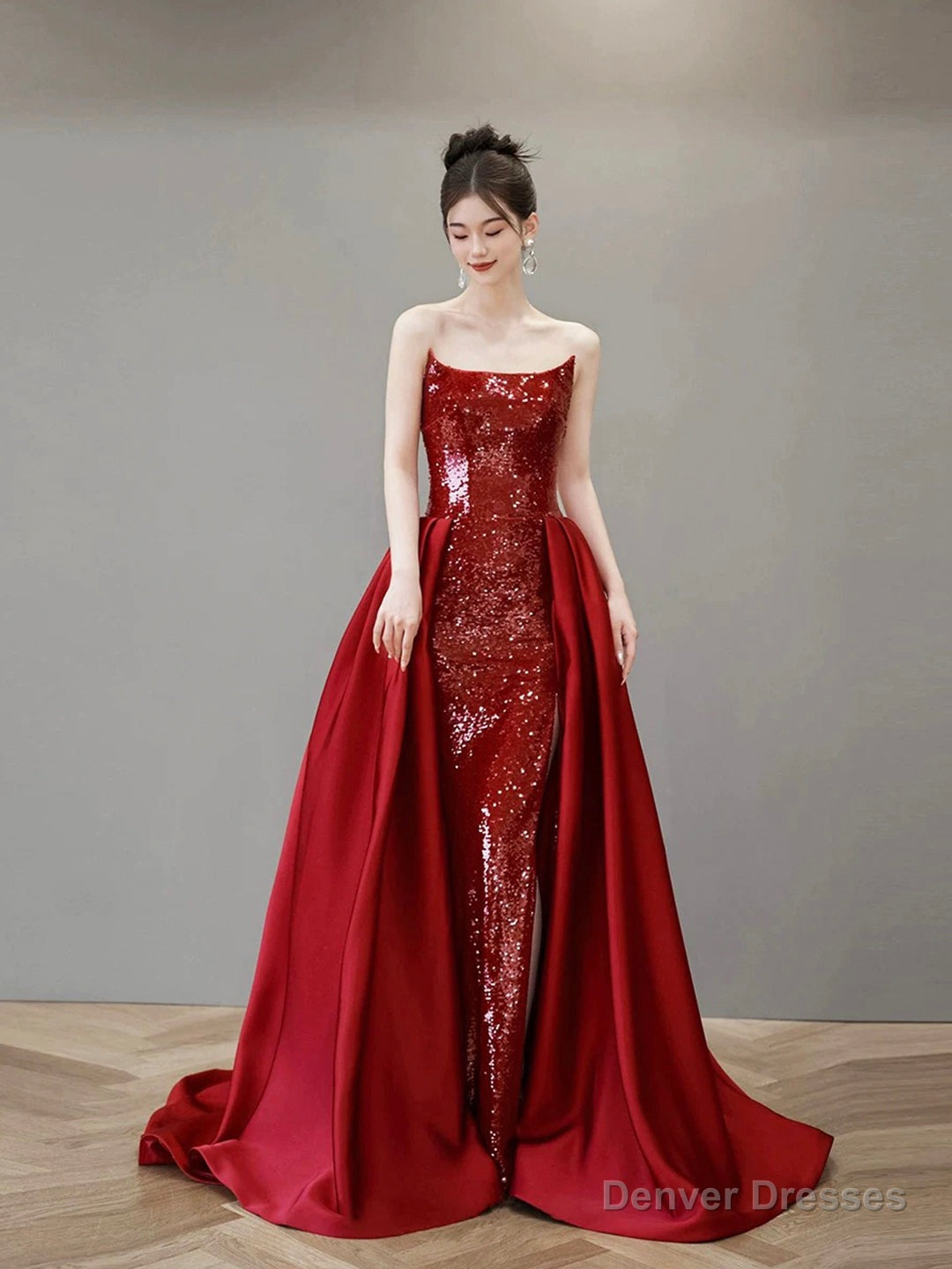 Burgundy Satin Sequins Long Prom Party Dress Main image