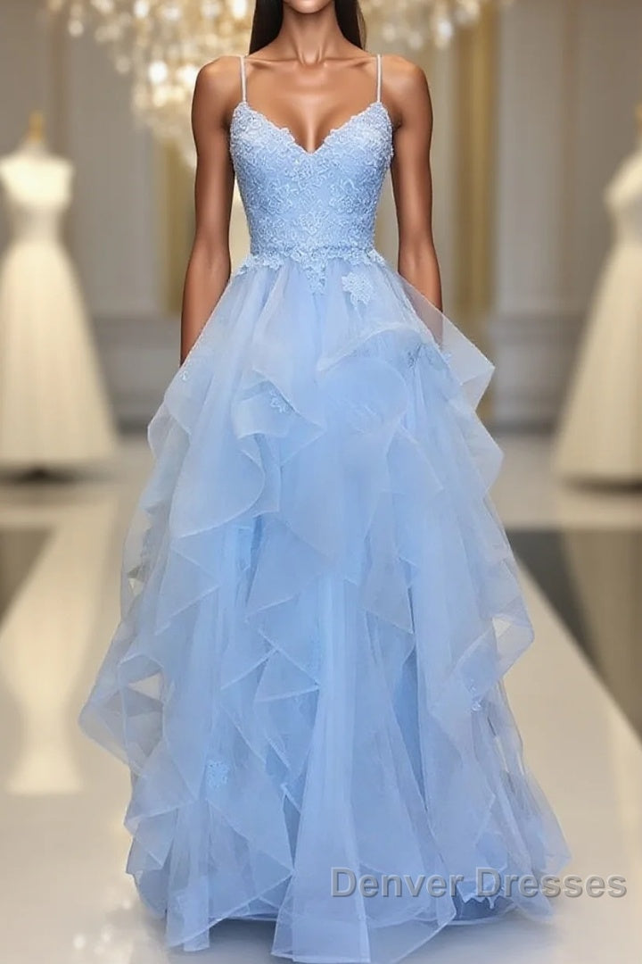 Blue sleeveless prom Dress,applique spaghetti-straps v-neck evening Dress,tulle lace ruffles party Dress Main image