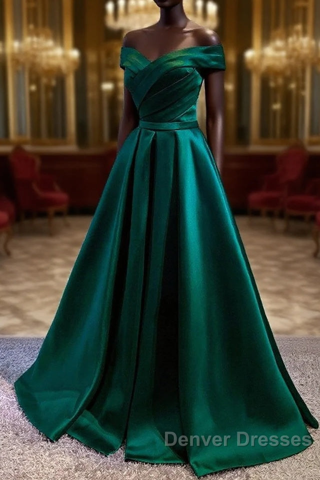 Satin Emerald Green Pleated A-Line Off-shoulder Prom Dress Main image