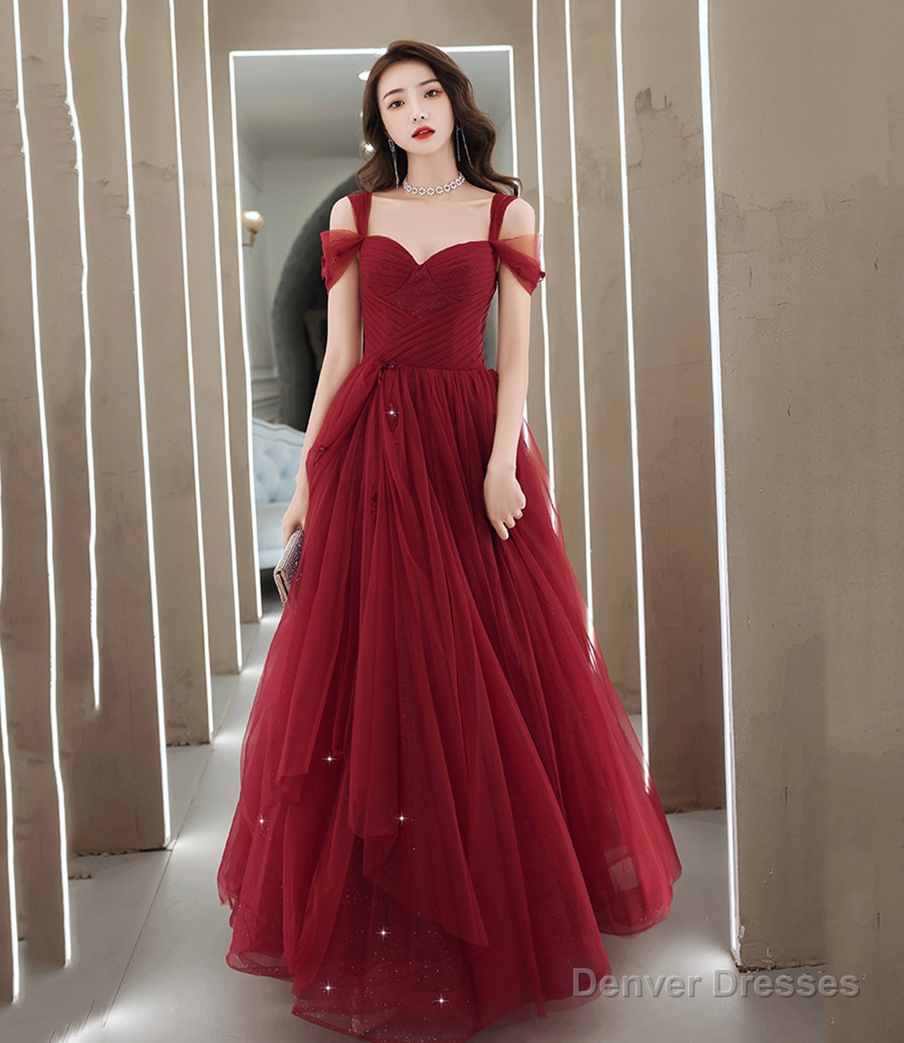Burgundy tulle long prom dress A line evening dress Main image