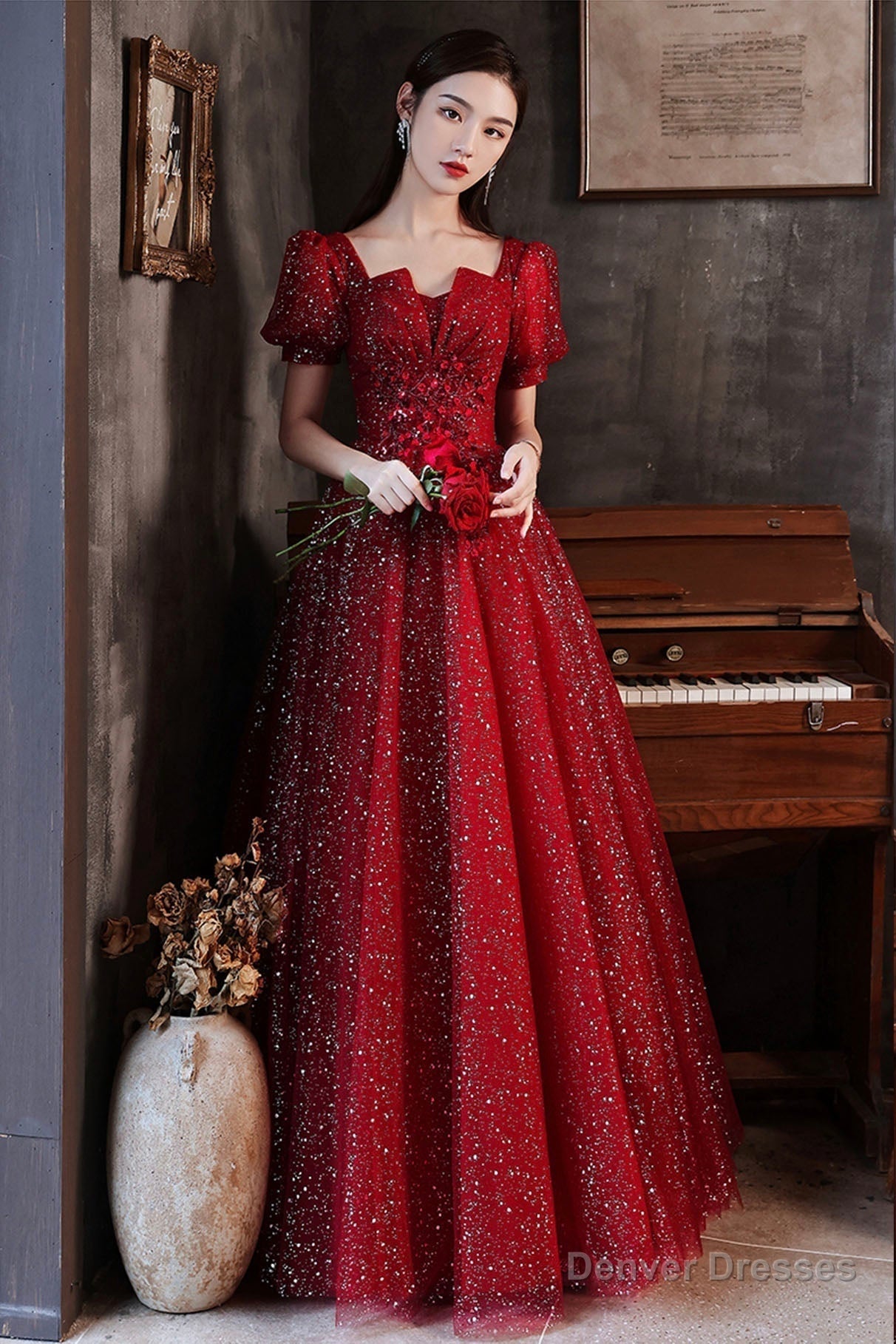 Burgundy sequins long prom dress evening dress Secondary image