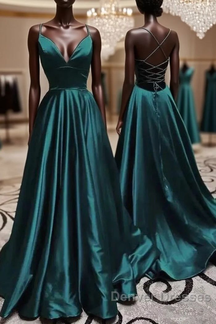 Elegant V Neck Spaghetti Straps A-line Dark Green Prom Dress Main image