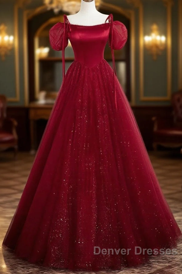 Burgundy Satin Tulle Floor Length Prom Party Dress Main image