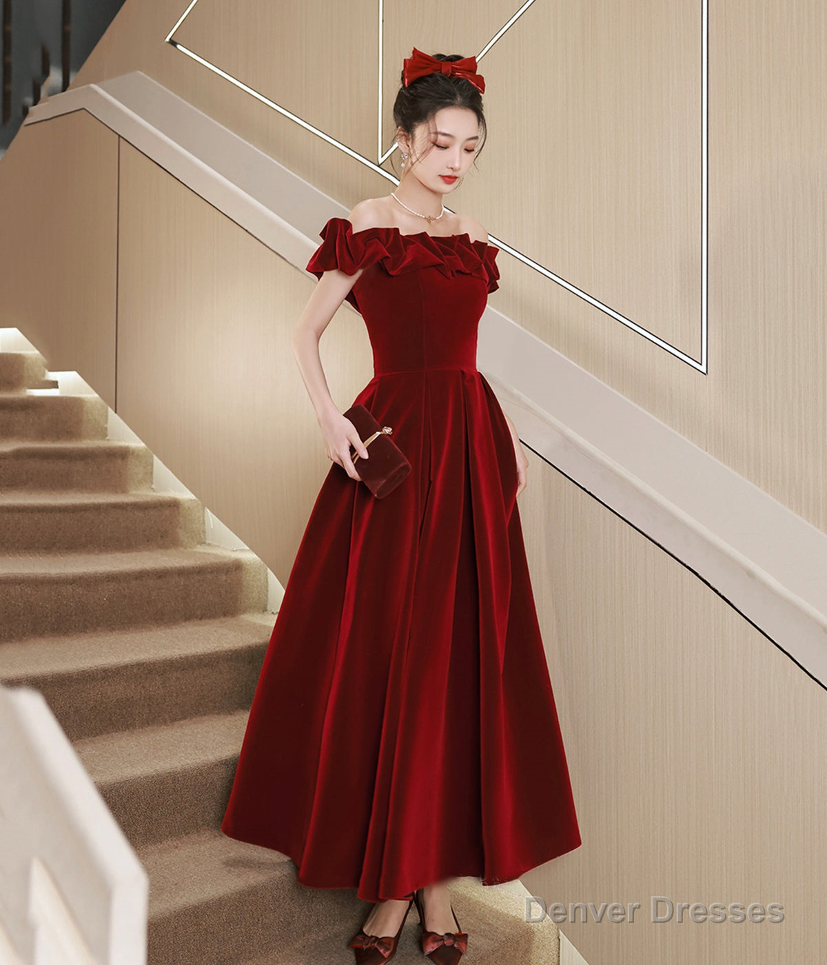 Burgundy Velvet Tea Length Prom Dress, Cute Evening Dress Party Dress Main image