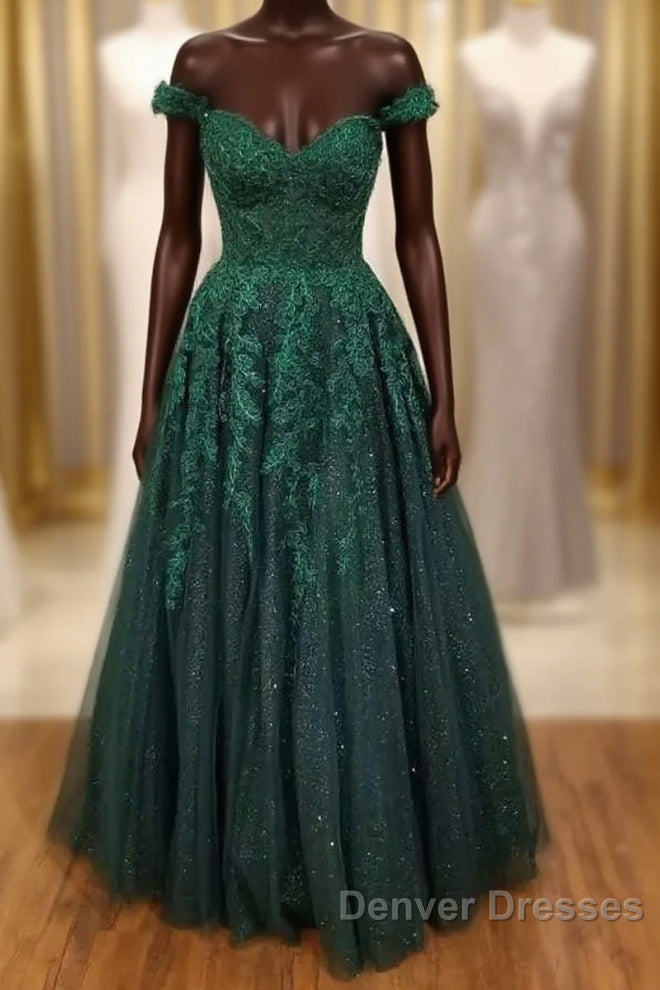 Off-the-Shoulder Cheap Hunter Green Formal Dress Floral Appliques Prom Dress Main image