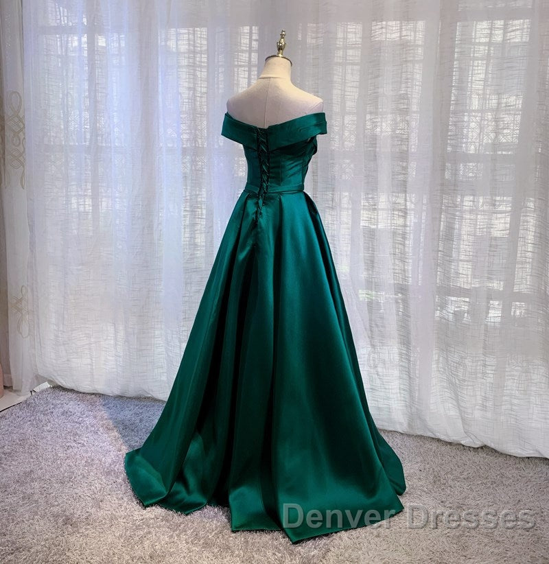 Satin Emerald Green Pleated A-Line Off-shoulder Prom Dress