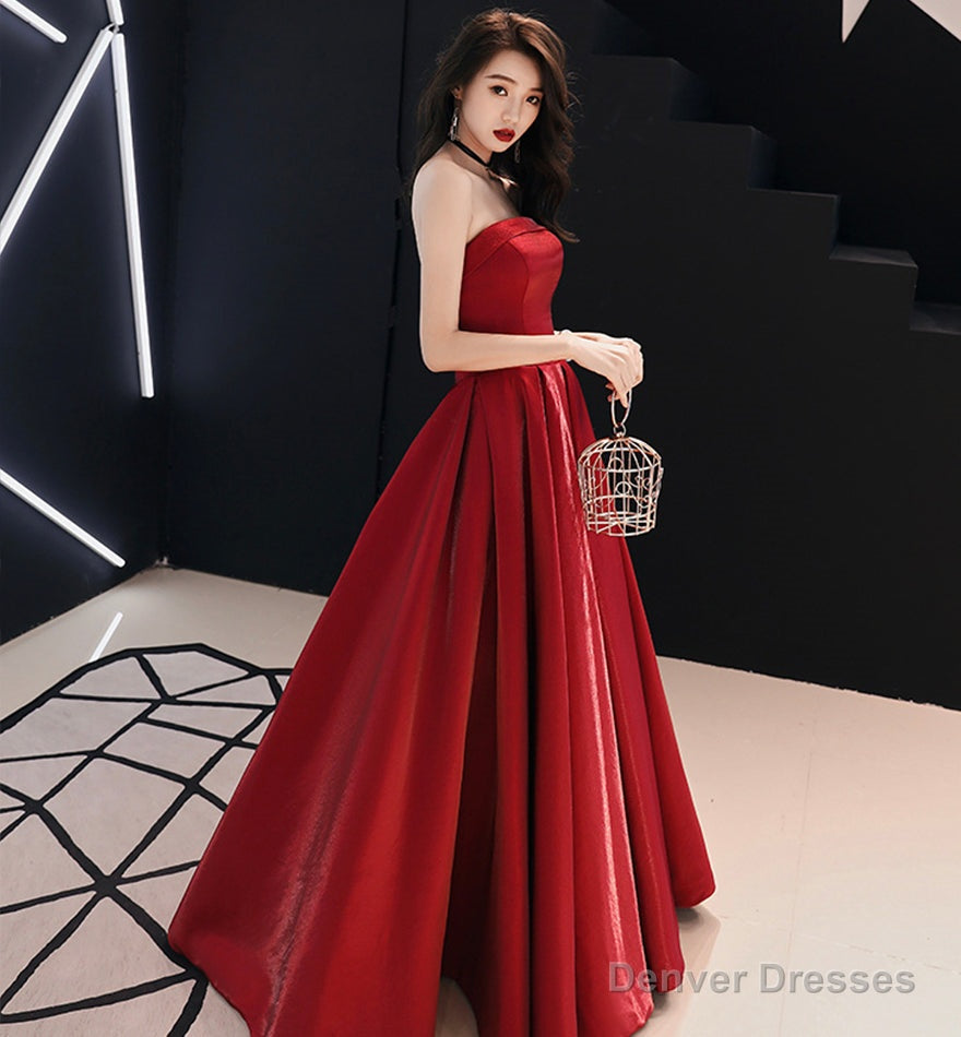 Simple satin long prom dress burgundy evening dress Secondary image