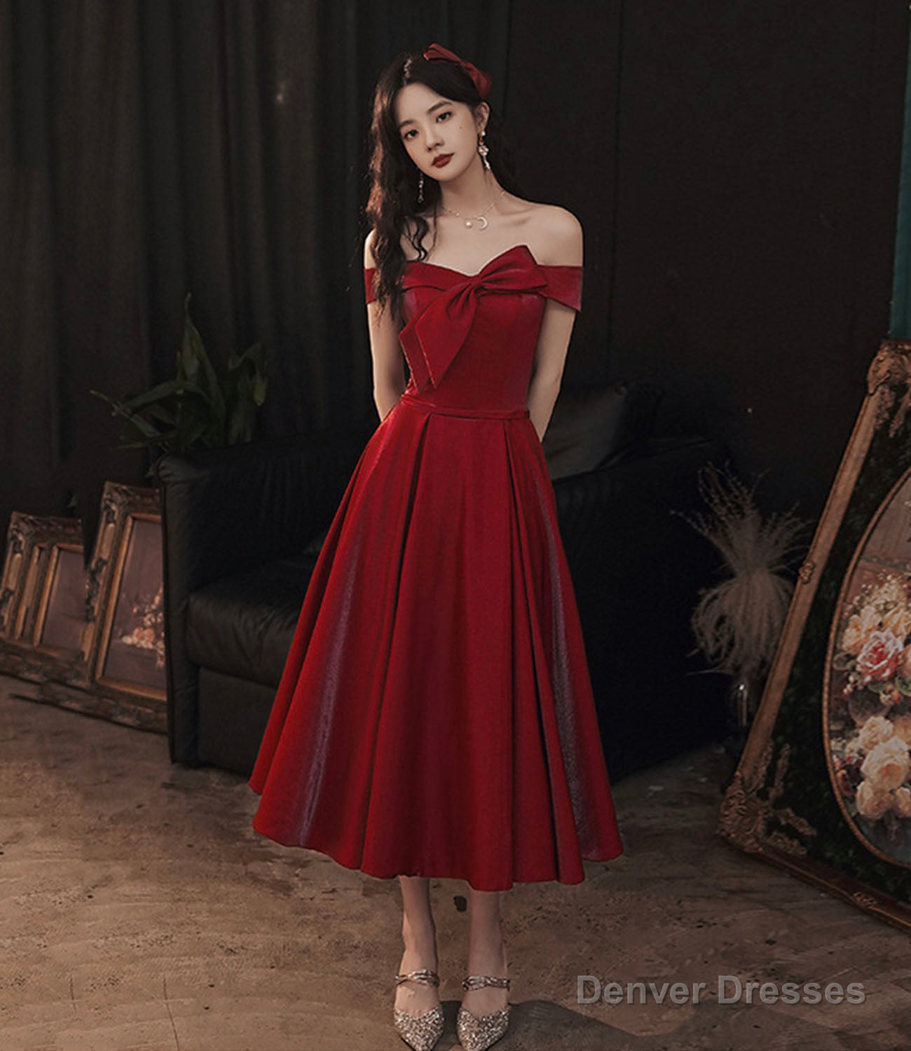 Cute satin short prom dress burgundy evening dress Main image