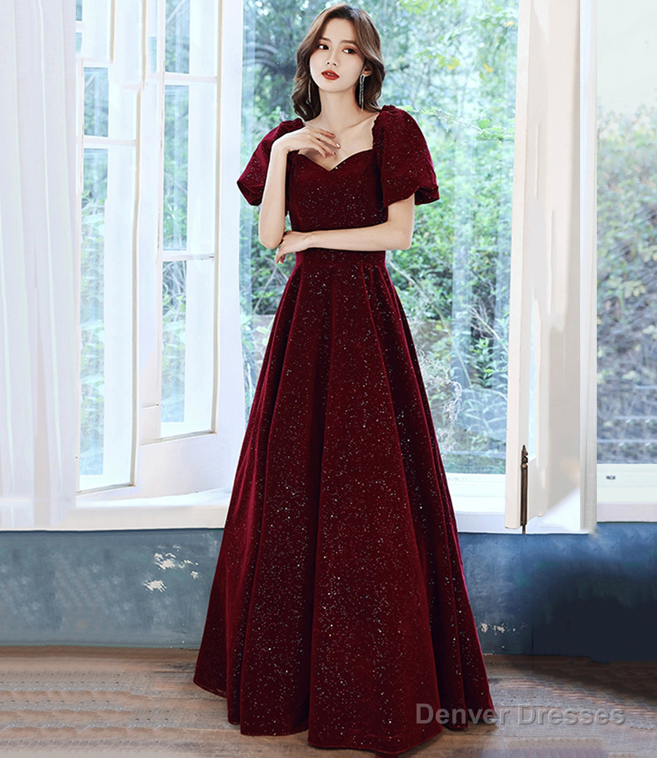 Burgundy velvet long prom dress A line evening dress Main image