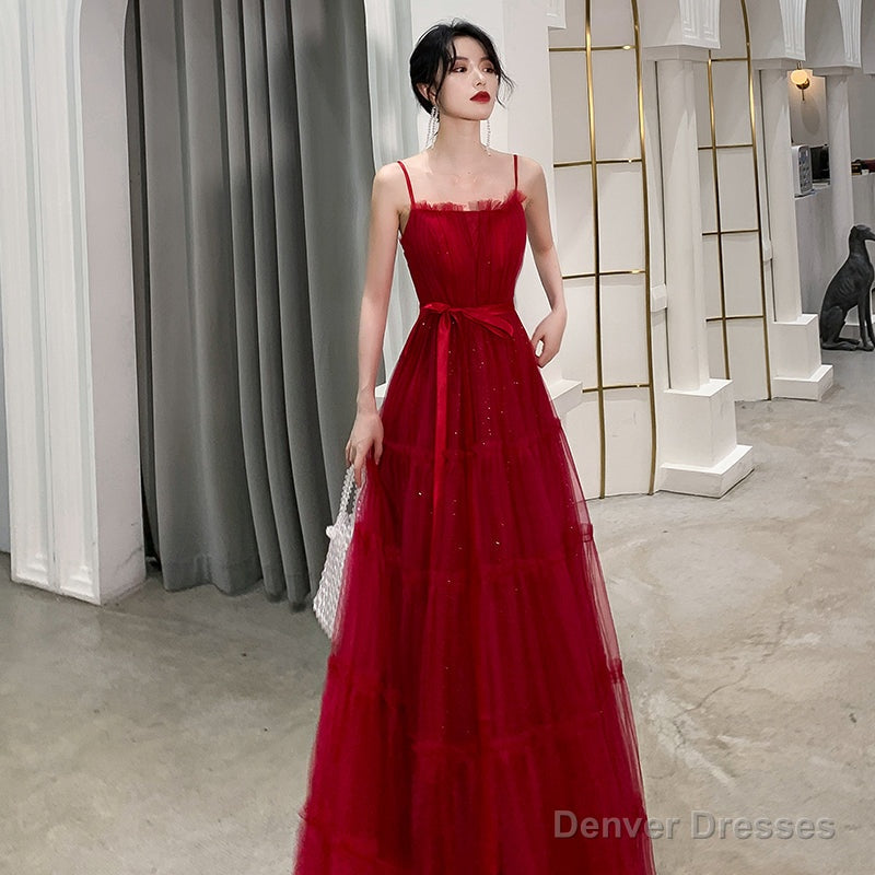 Burgundy tulle long prom dress, evening dress Main image