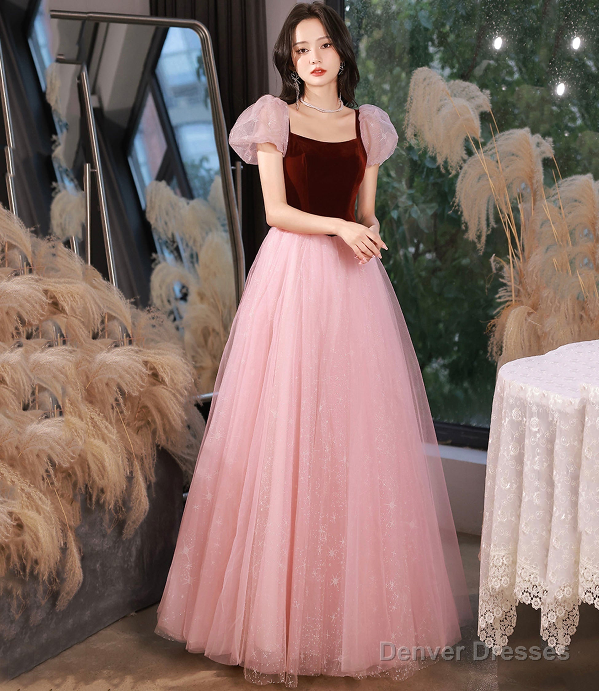 Pink tulle long A-line prom dress pink evening dress Main image