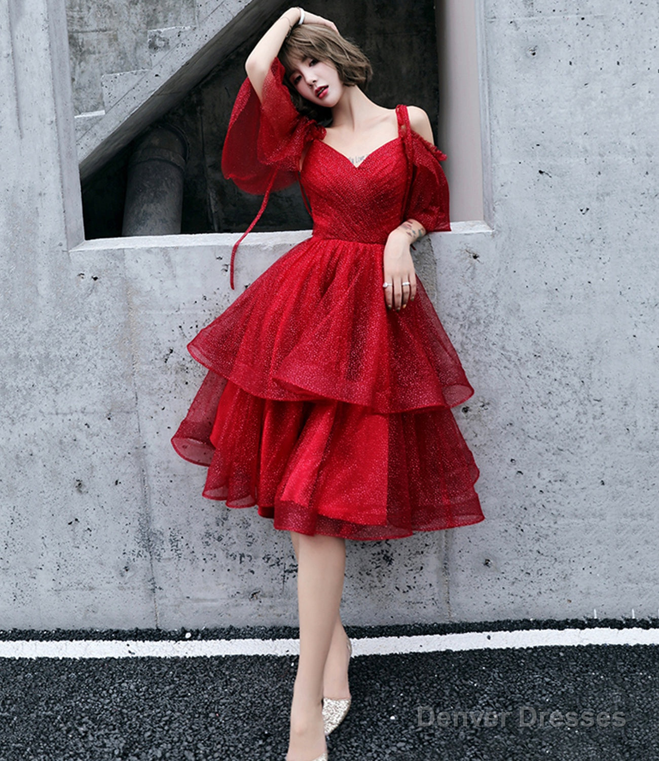 Burgundy tulle long prom dress A line evening dress Main image