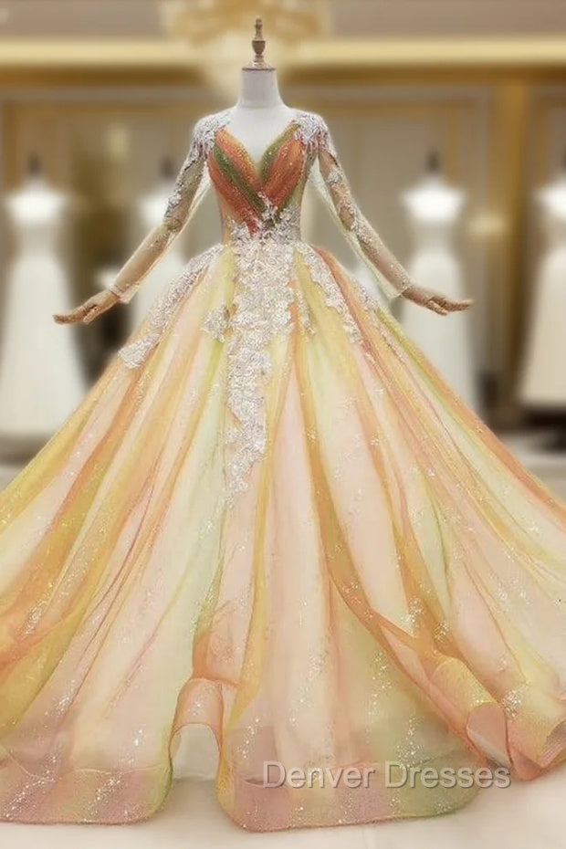 Find Plenty Of Champagne Ball Gown Tulle Long Sleeve V-neck Appliques Wedding Dress Main image