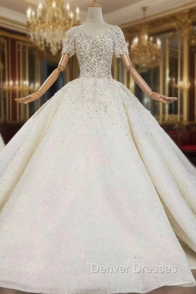 Find The Perfect Light Champagne Tulle Short Sleeve Backless Appliques Beading Wedding Dress Main image