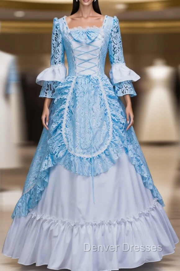Find The Perfect Shade Of Blue Lace White Satin Square Long Sleeve Victorian Dress Party Dress Main image