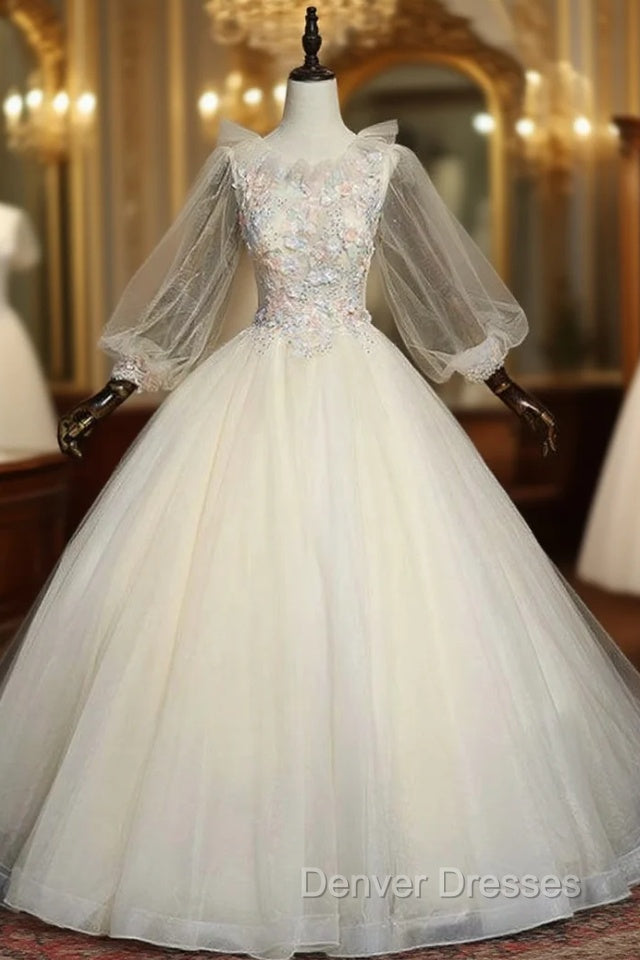 Find Your Dress For Prom! Champagne Ball Gown Tulle Long Sleeve Appliques Quinceanera Dress Main image