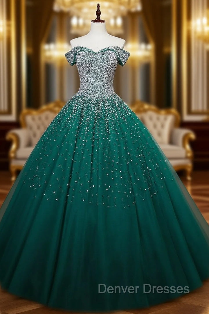 Find Your Dress For Prom! Dark Green Ball Gown Tulle Off the Shoulder Beading Sequins Quinceanera Dress Main image