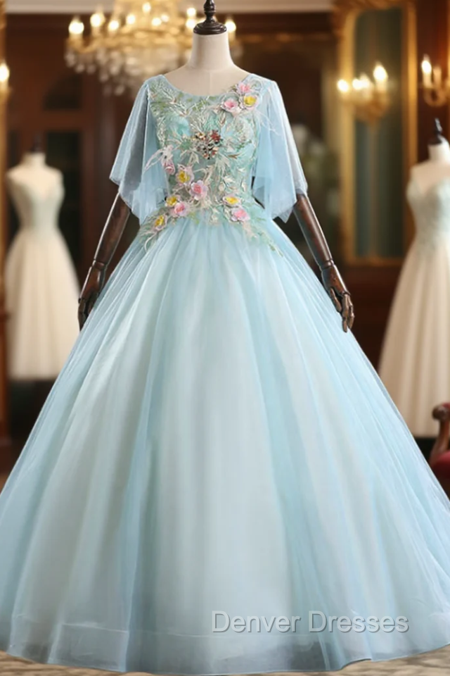 Find Your Dress For Prom! Light Blue Ball Gown Tulle Short Sleeve Appliques Quinceanera Dress Main image