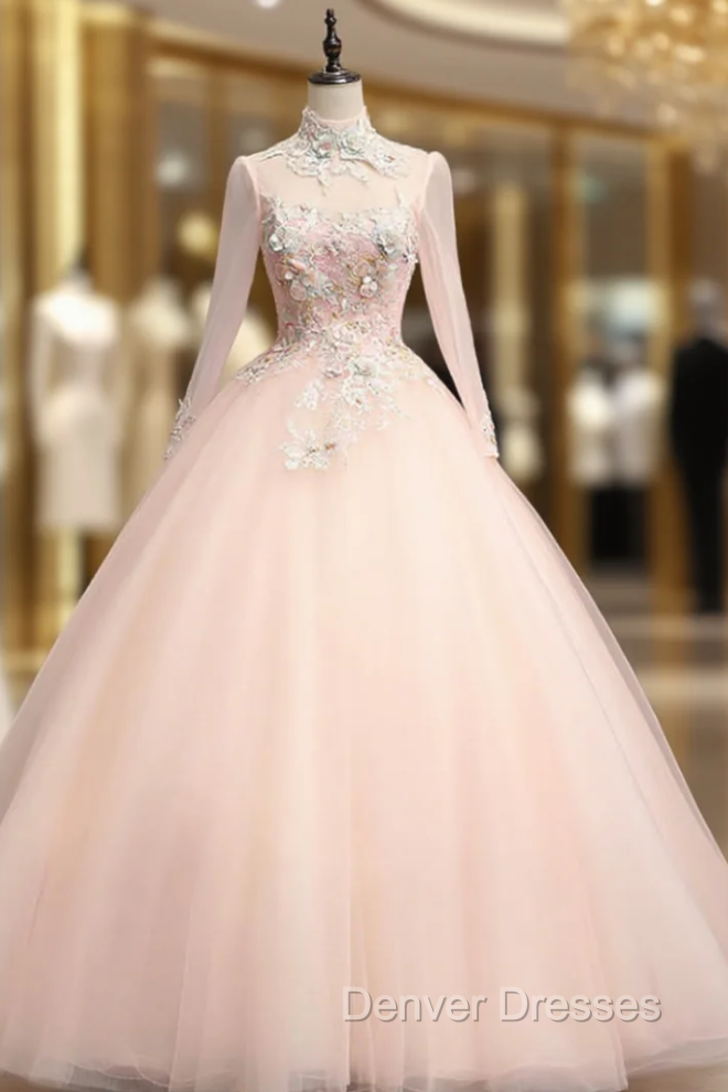 Find Your Dress For Prom! Pink Ball Gown Tulle Long Sleeve Backless Appliques Quinceanera Dress Main image