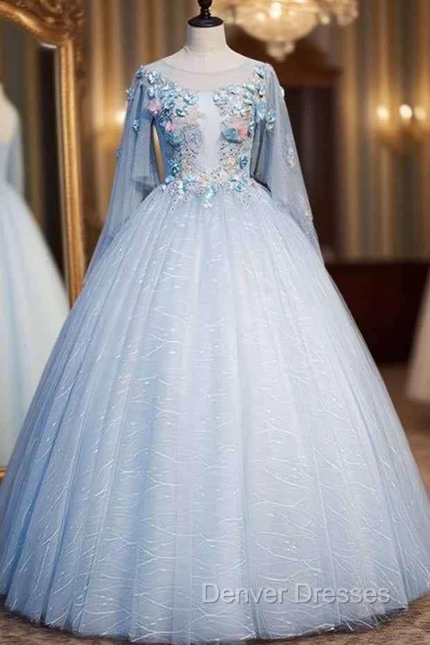 Find Your Dress For Prom! Sky Blue Ball Gown Tulle Appliques 3/4 Sleeve Quinceanera Dress Main image