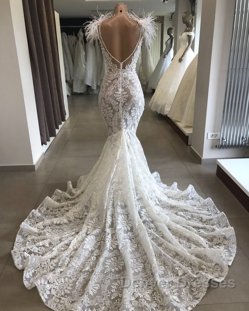 Fit and Flare Lace Crystals Necklace Wedding Dress Open Back Bridal Gowns with Feather Secondary image