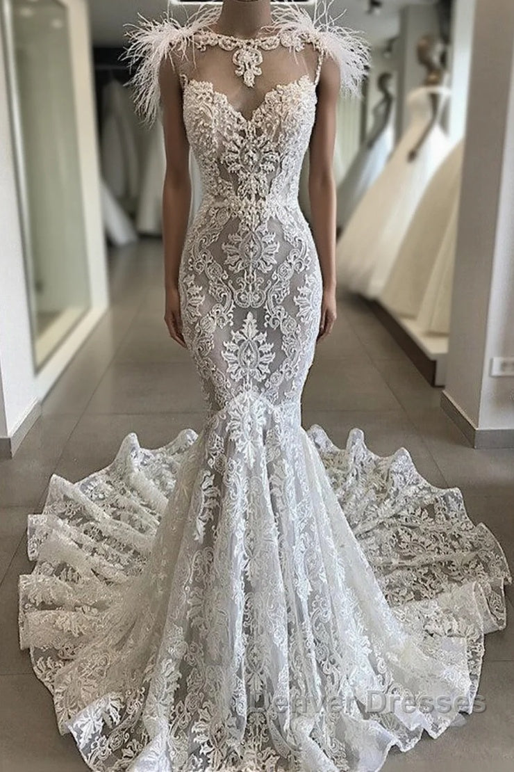 Fit and Flare Lace Crystals Necklace Wedding Dress Open Back Bridal Gowns with Feather Main image
