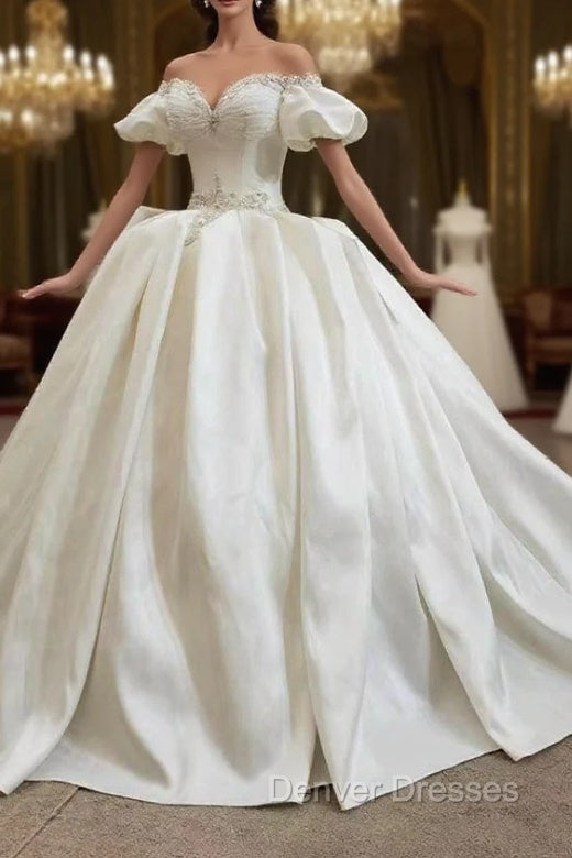 Fit Your Fashion Sense Ivory White Ball Gown Satin Puff Sleeve Beading Backless Wedding Dress Main image