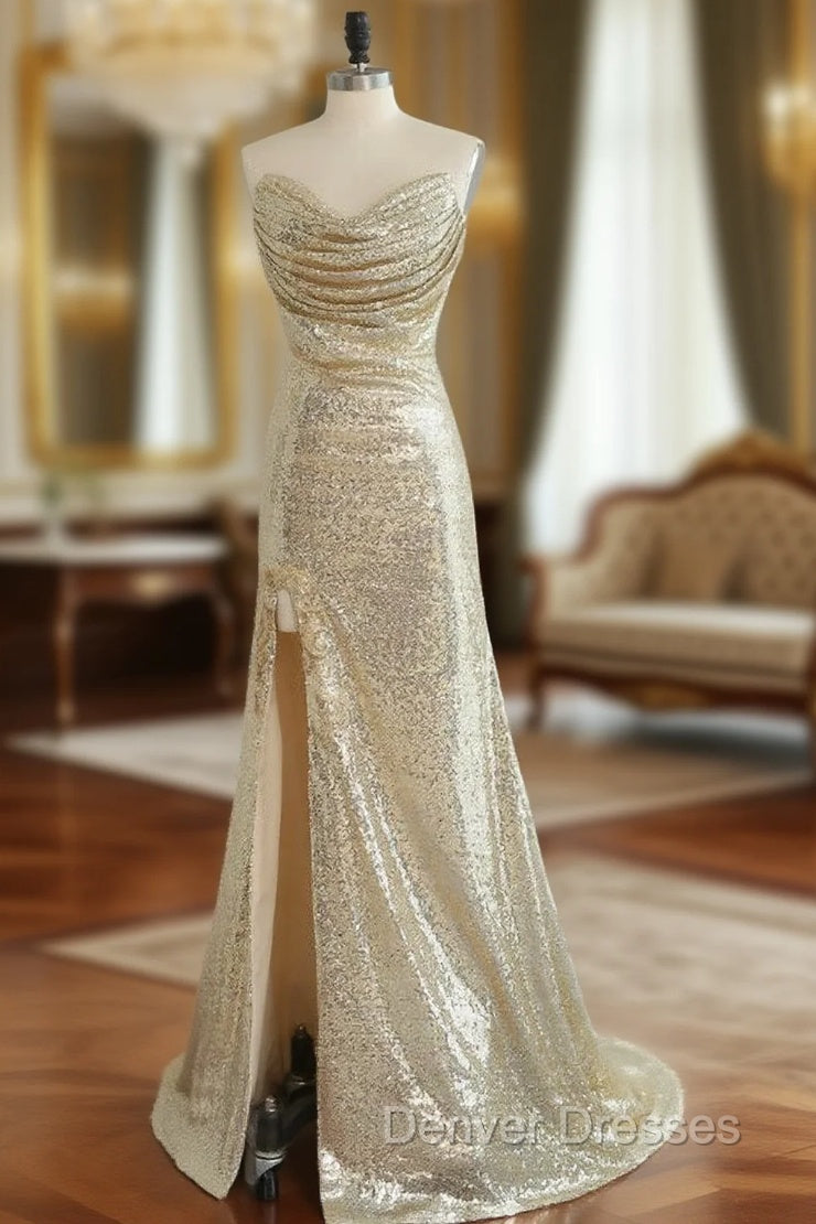 Fitted Light Gold Sexy High Split Prom Dress Mermaid Sweetheart Main image