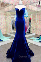 Fitted Mermaid Royal Blue Velvet Prom Dress With Bow