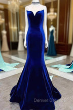 Fitted Mermaid Royal Blue Velvet Prom Dress With Bow
