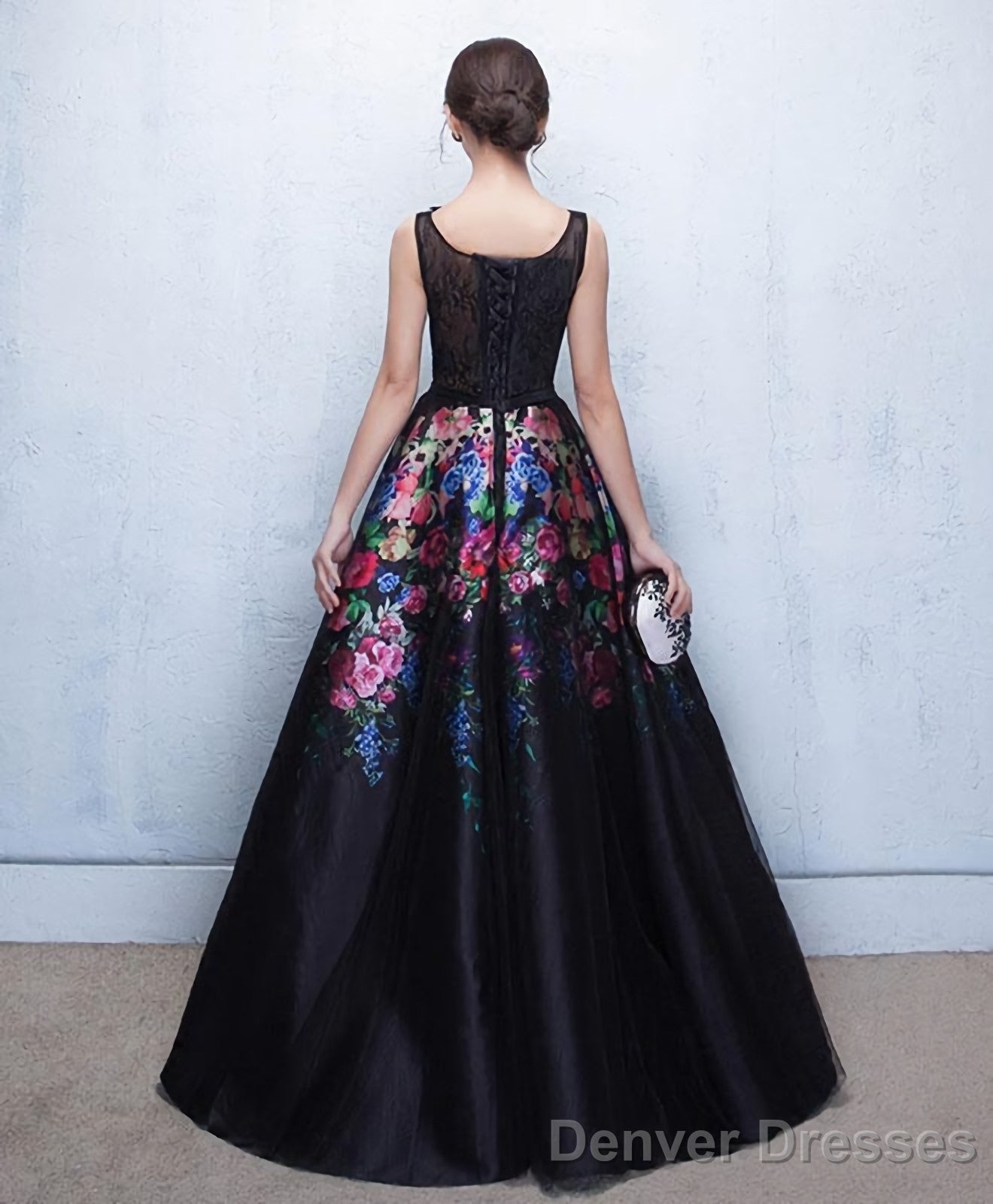 Black Floral Patterns Long Prom Dress Black Evening Dress