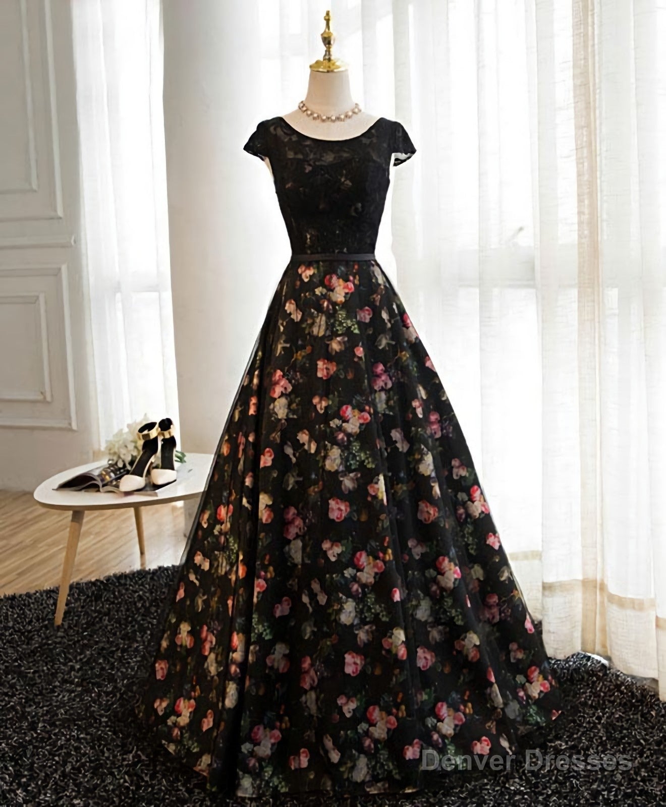 Black Lace Floral Patterns Long Prom Dress, Black Evening Dress Main image