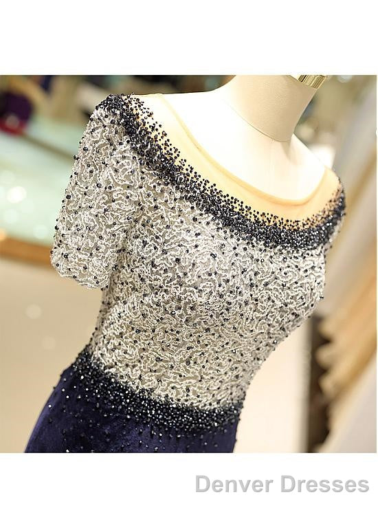 Fleece & Lace Scoop Short Sleeve Mermaid Evening Dress