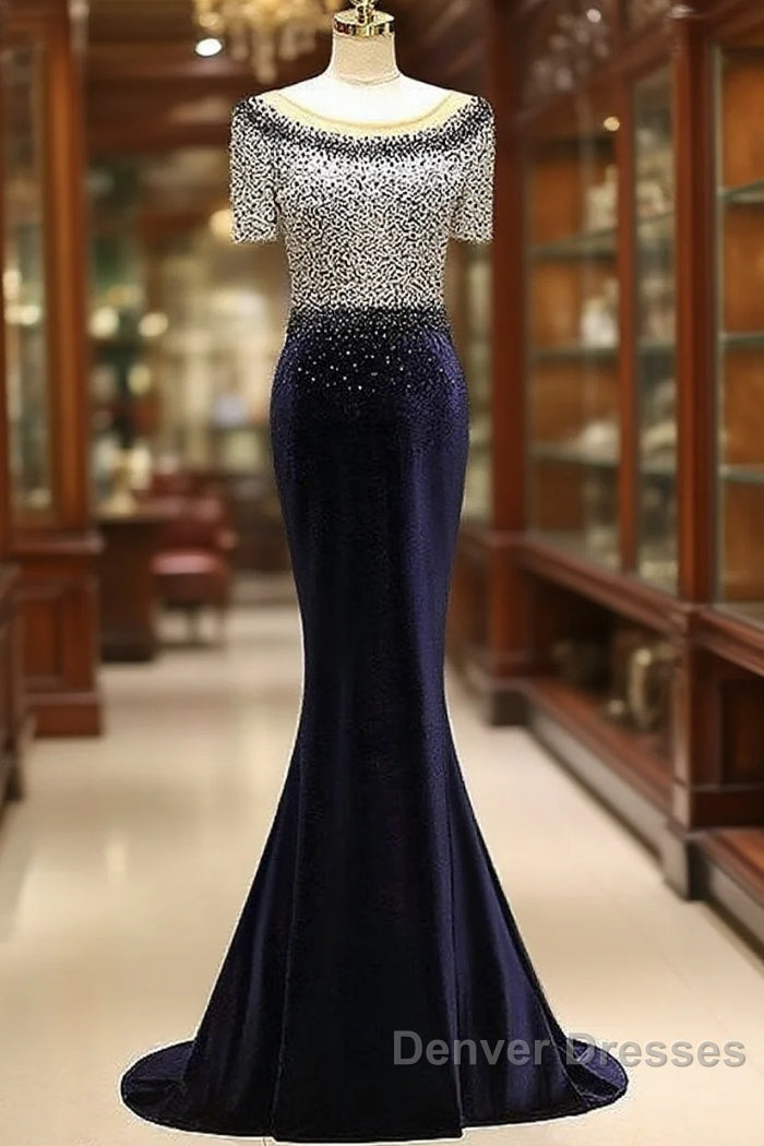 Fleece & Lace Scoop Short Sleeve Mermaid Evening Dress