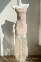 Flesh Pink Spaghetti Strap Mermaid Tulle Sequined Prom Dress Birthday Dress