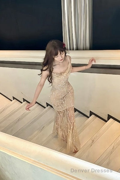 Flesh Pink Spaghetti Strap Mermaid Tulle Sequined Prom Dress Birthday Dress