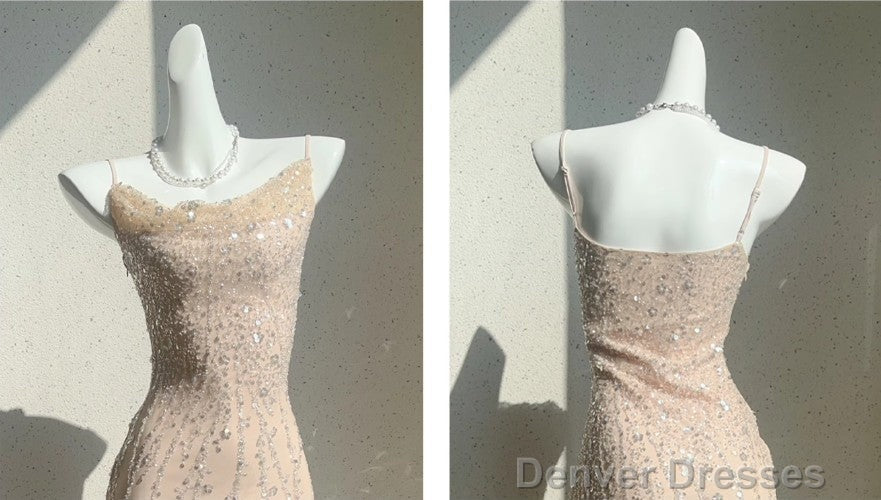 Flesh Pink Spaghetti Strap Mermaid Tulle Sequined Prom Dress Birthday Dress