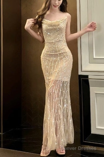 Flesh Pink Spaghetti Strap Mermaid Tulle Sequined Prom Dress Birthday Dress Main image