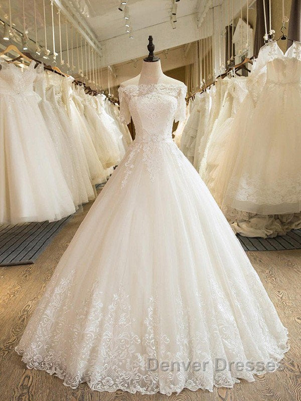Floor Length Applique Ball Gown Off the Shoulder Lace Tulle 1/2 Sleeves Wedding Dress Secondary image